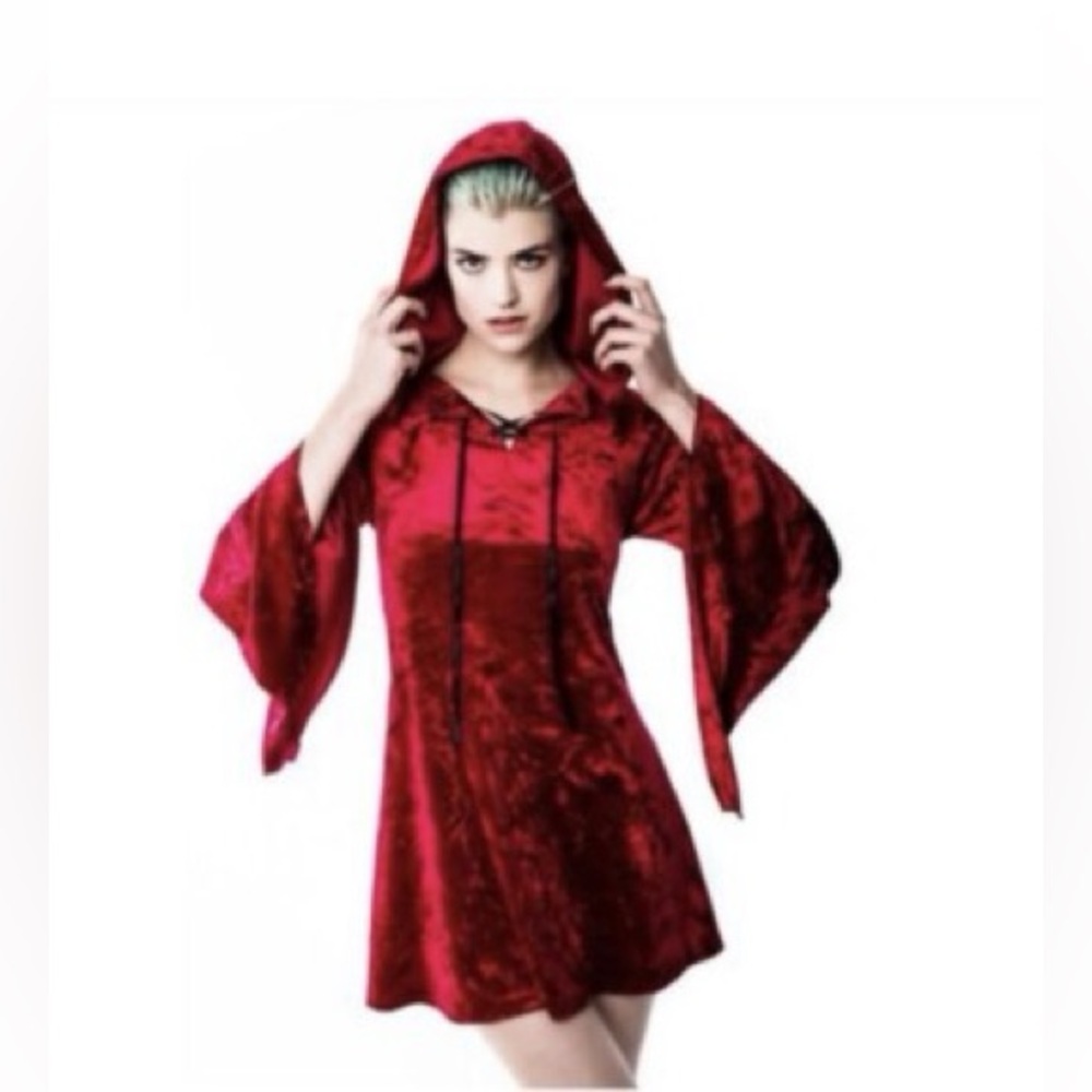 Killstar Crushed Red Velvet Hooded Bell Sleeve Dress